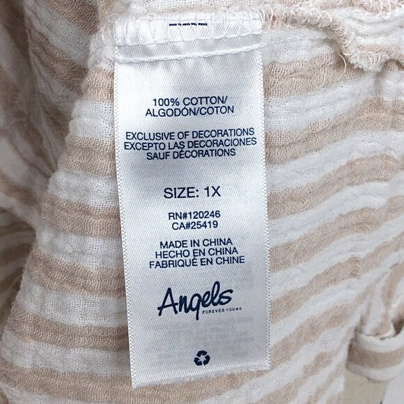 Angels Forever Young Top Womens Size 1X White Beige Striped Muslin Button Down - Picture 8 of 8